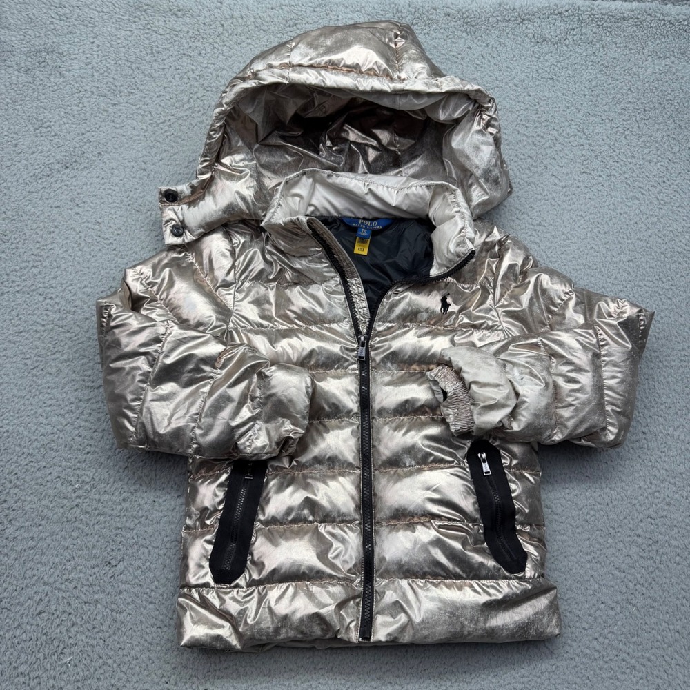 Polo Ralph Lauren Kids Size 7 Metallic Silver Hooded Puffer Jacket Winter Coat - Picture 10 of 16